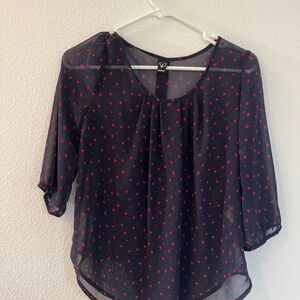 Windsor Navy sheer Blouse with Red hearts